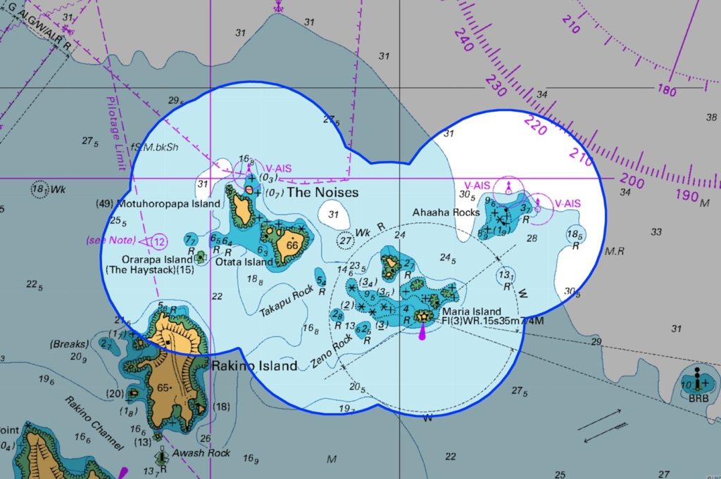 The 2 km radius areas around each of the islands, reefs and habitats of interest.